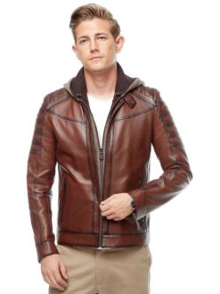 Men’s Brown Leather Biker Jacket with Removable Hooded