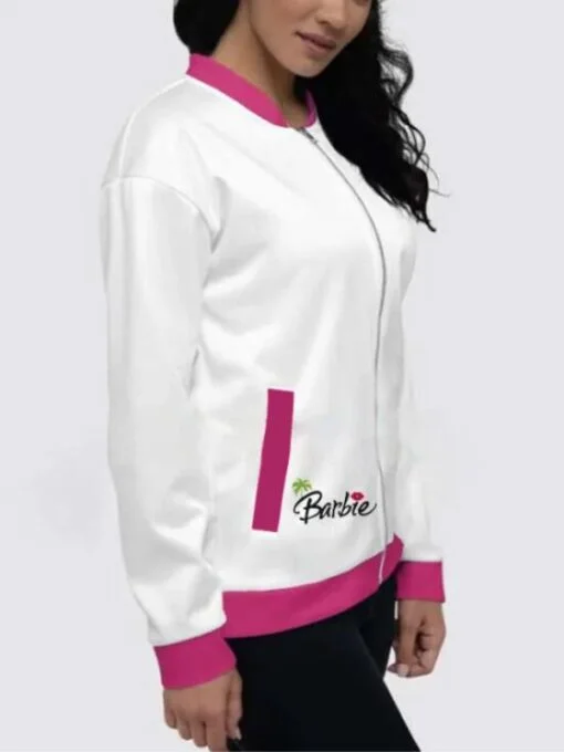 Barbie 2023 Racing White and Pink Bomber Jacket