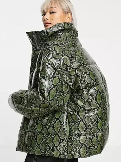 COLLUSION Plus Puffer Snake Green jacket in High Shine Snake