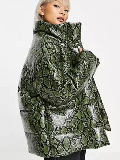 COLLUSION Plus Puffer Snake Green jacket in High Shine Snake