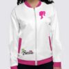 Barbie 2023 Racing White and Pink Bomber Jacket