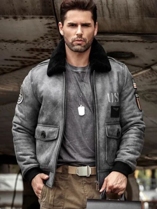 Men's B3 RAF Flight Shearling Leather Grey Jacket Coat
