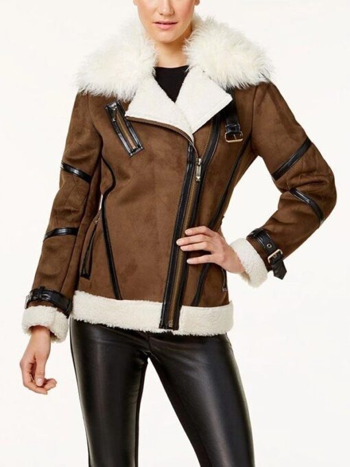 Brown Shearling Asymmetrical Leather Jacket For Women’s