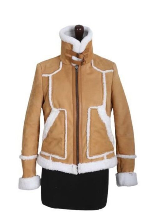 Women’s Tan Shearling Trim Stand-up Collar Suede Jacket