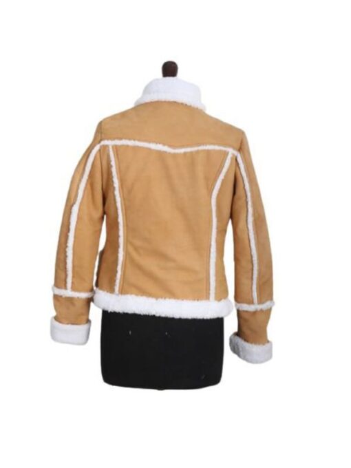 Women’s Tan Shearling Trim Stand-up Collar Suede Jacket