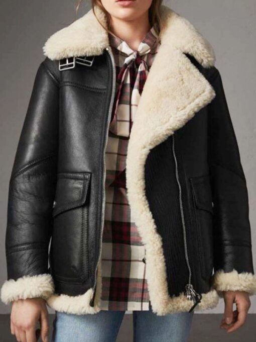 Shearling Aviator Ivory Black Leather Jacket For Women’s