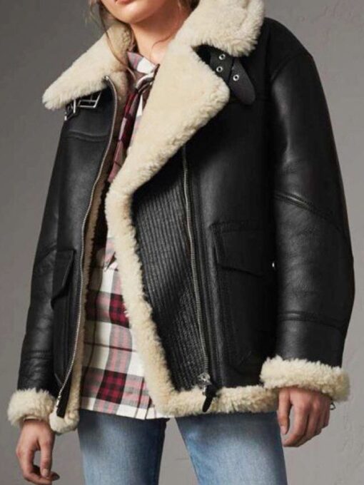 Shearling Aviator Ivory Black Leather Jacket For Women’s