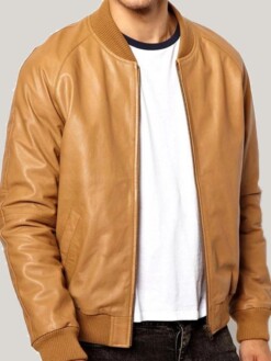 Casual Tan Brown Leather Bomber Jacket