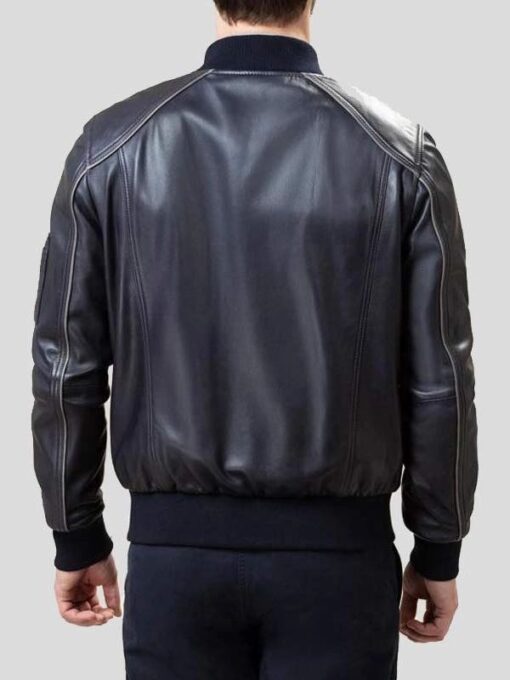 Rib Knitted Collar Black Bomber Leather Jacket For Mens