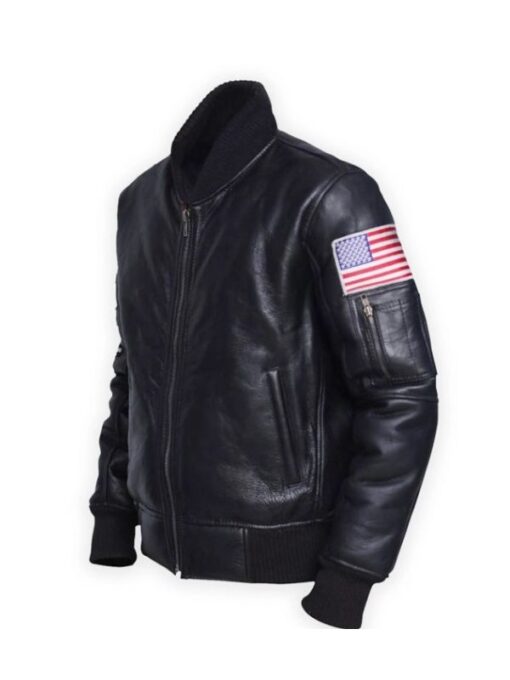 American Flag Black Leather Bomber Jacket For Men’s