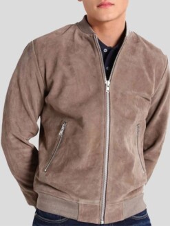 Grey Suede Leather Bomber Jacket For Mens