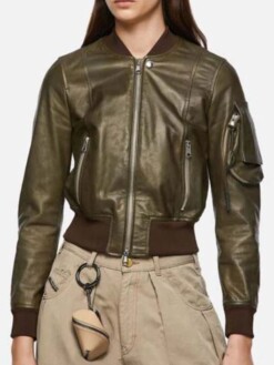 Women’s Green Leather Bomber Jacket With Arm Pocket