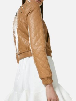 Women’s Tan Beige Leather Studded Bomber Jacket