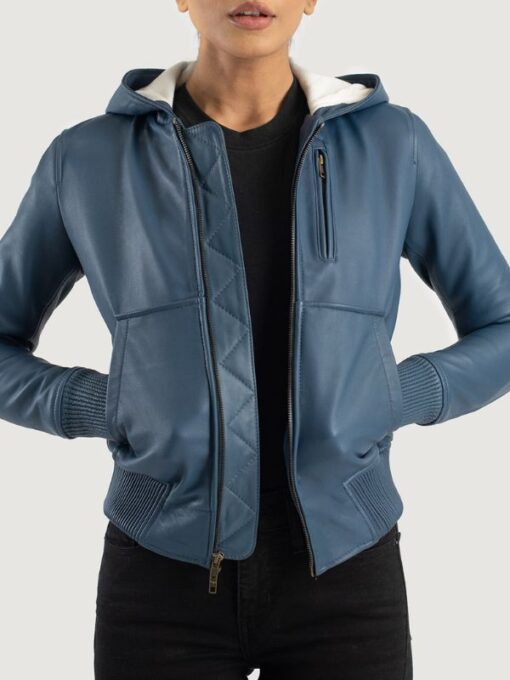 WomenтАЩs Luna Blue Hooded Leather Bomber Jacket