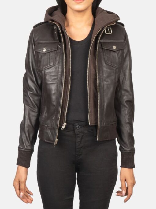 Women’s Roslyn Brown Hooded Leather Bomber Jacket