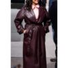 Only Murders in the Building 2023 S03 Mabel Mora Burgundy Leather Belted Coat
