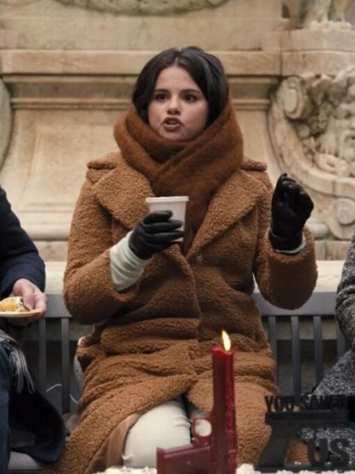 Selena Gomez Brown Faux Fur Coat