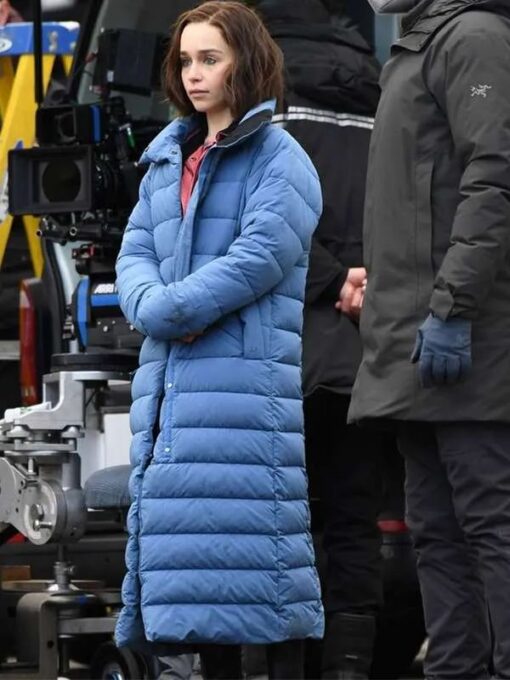 Emilia Clarke Secret Invasion Blue Puffer Trench Coat