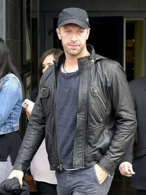 Chris Martin Coldplay Black Leather Hoodie Jacket