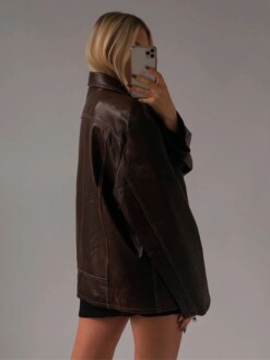 Women's Distressed 90's Oversized Brown Real Leather Jacket 