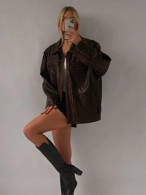 Women's Distressed 90's Oversized Brown Real Leather Jacket┬а