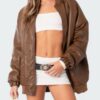 90's Oversized Brown Leather Bomber Jacket For Women