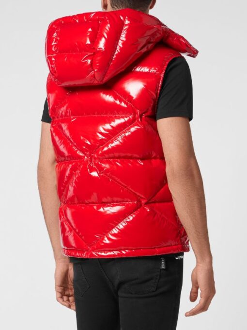 Philipp Plein Quilted High-Shine Red Leather Hooded Vest