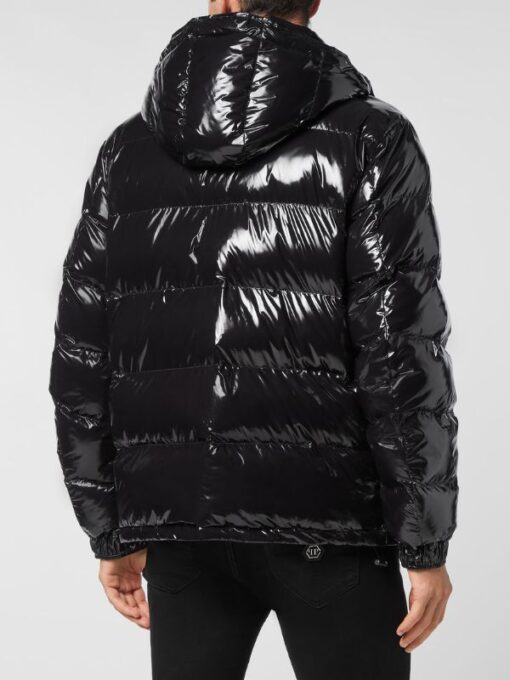 Philipp Plein Quilted High-Shine Black Leather Hooded Jacket