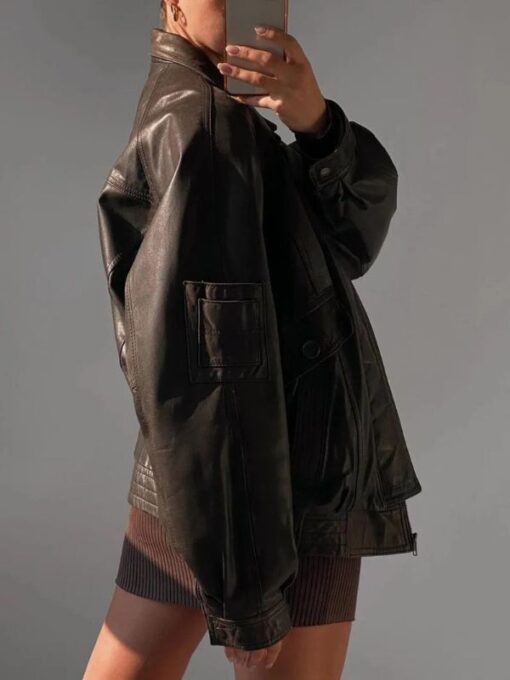 Women's 90's Oversized Brown Bomber Retro Vintage Leather Jacket  