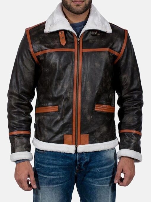 Mens Shearling Brown Distressed Leather Jacket