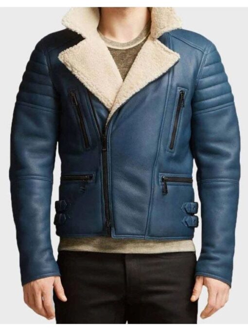 Men’s Shearling Asymmetrical Blue Biker Leather Jacket