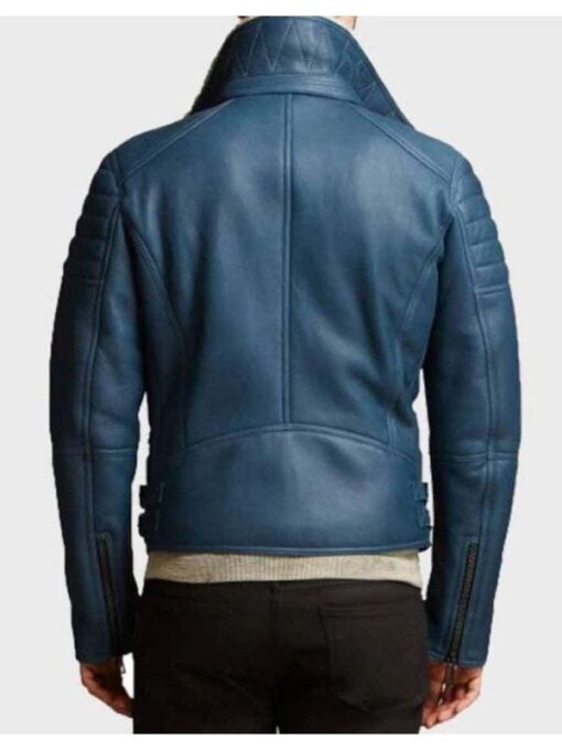 Men’s Shearling Asymmetrical Zipper Blue Biker Leather Jacket