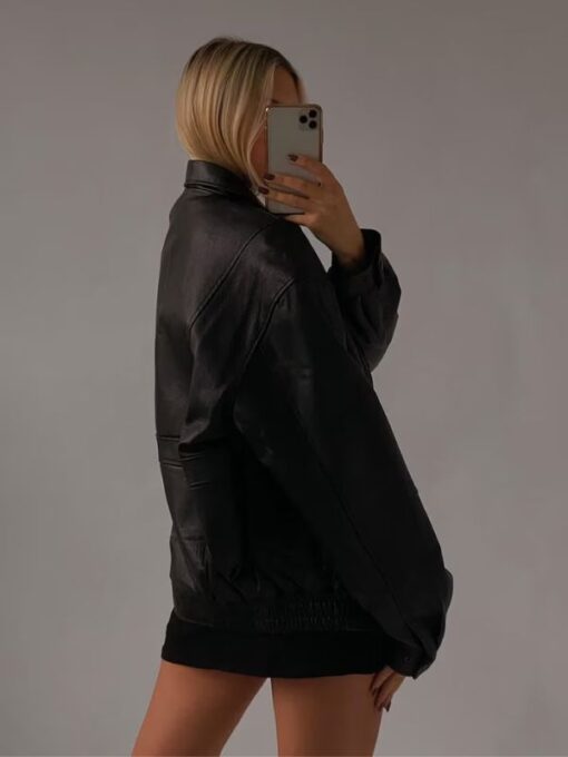 Women's 90's Oversized Black Bomber Real Leather Jacket