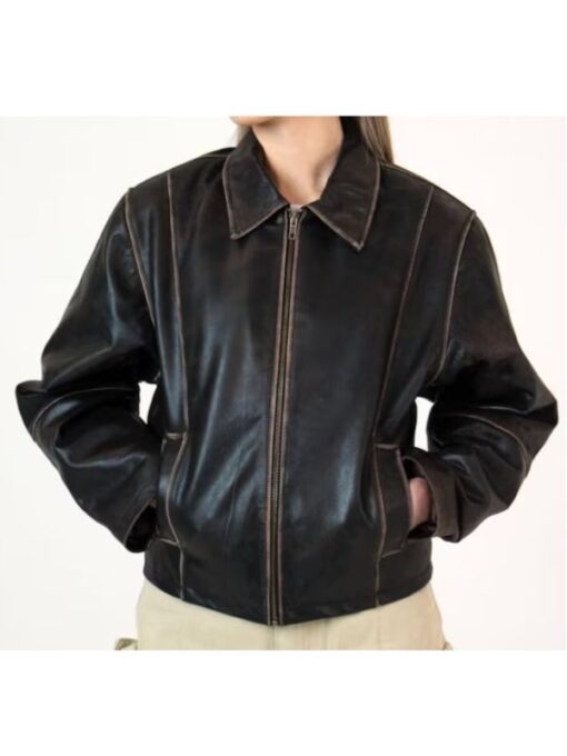 Women's 90's Oversized Black Distressed Vintage Leather Jacket┬а