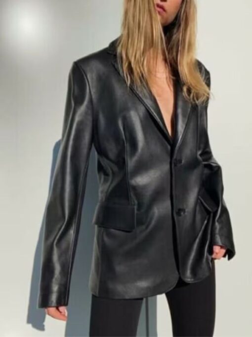 Women's 90's Oversized Black Leather Blazer Jacket