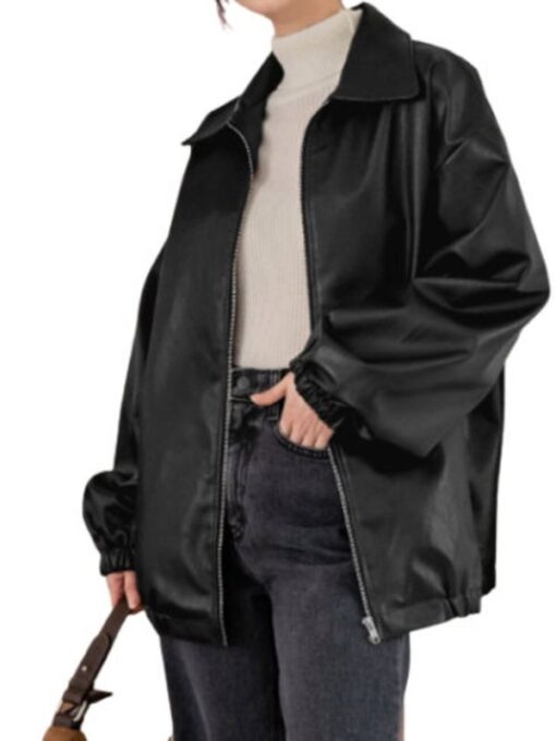 80's Oversized Women Black Retro Real Leather Jacket 