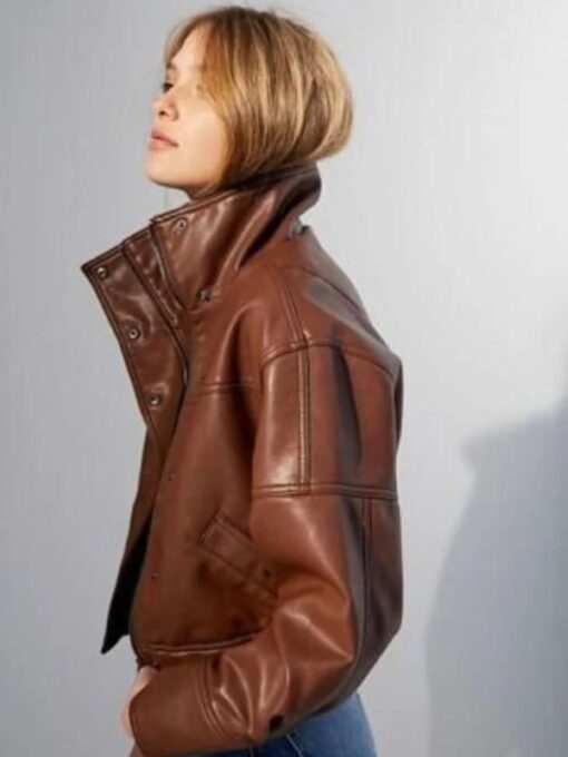90's Oversized Women Brown Real Leather Bomber Jacket 