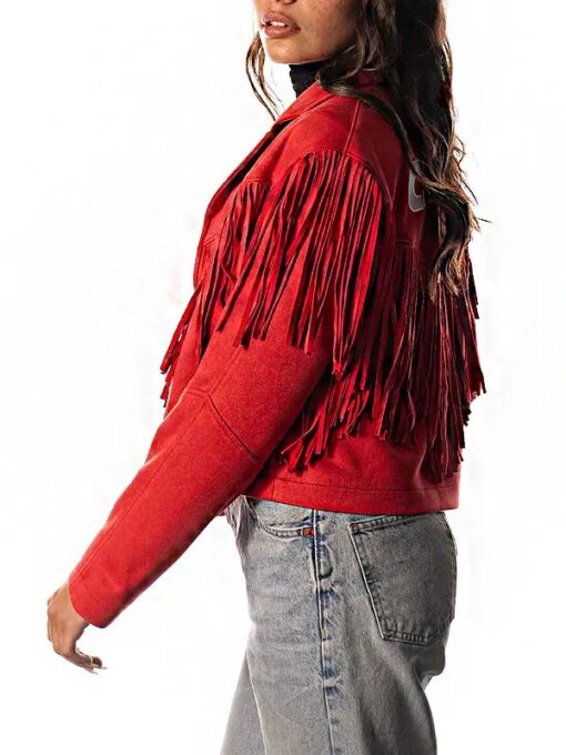 Women Kansas City Chiefs Red Suede Leather Fringe Jacket