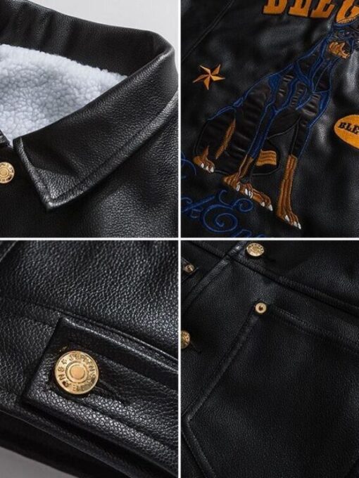 Doberman Embroidered Biker Black Leather Jacket