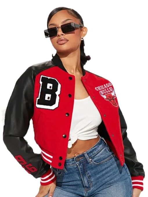 Chicago Bulls Black and Red Cropped Letterman Varsity Jacket