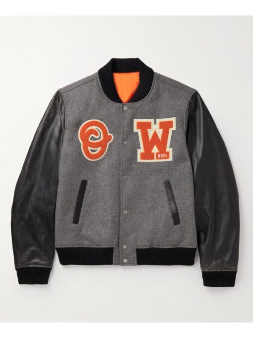 Off White Classic Wool With Leather Varsity Bomber Jacket