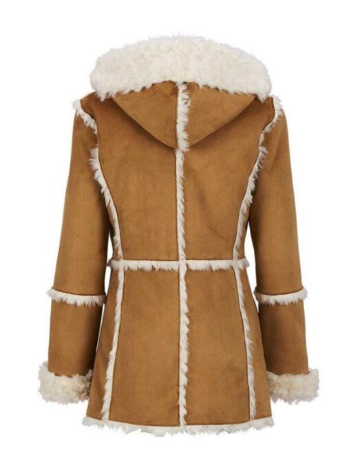 Women's Brown Suede Leather Fur Overcoat With Hood