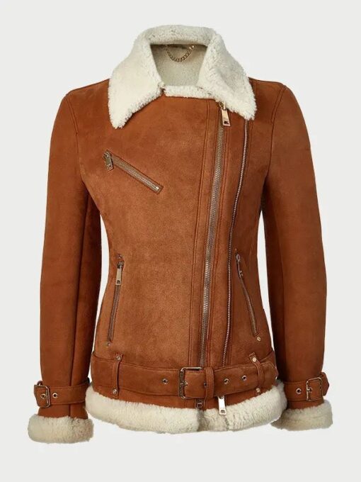 Women's Tan Leather Aviator Jacket With Belted Cuffs