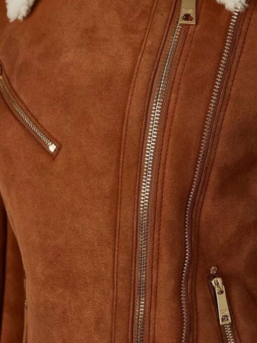 Women's Tan Leather Aviator Jacket With Belted Cuffs