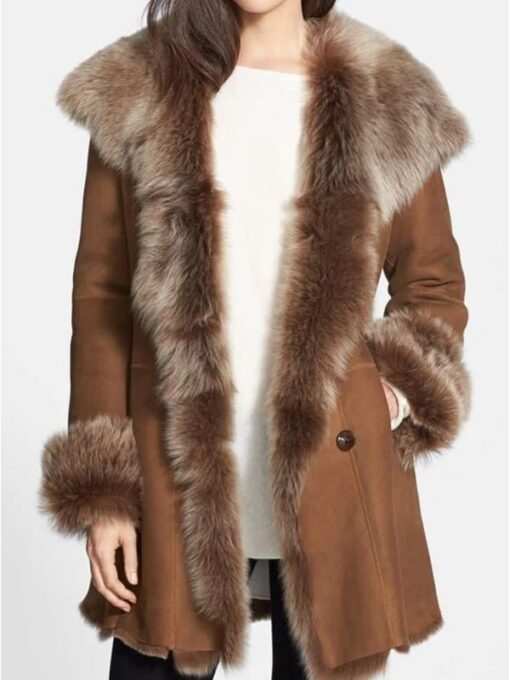 Women's Mid-Length Suede Leather Shearling Fur Coat
