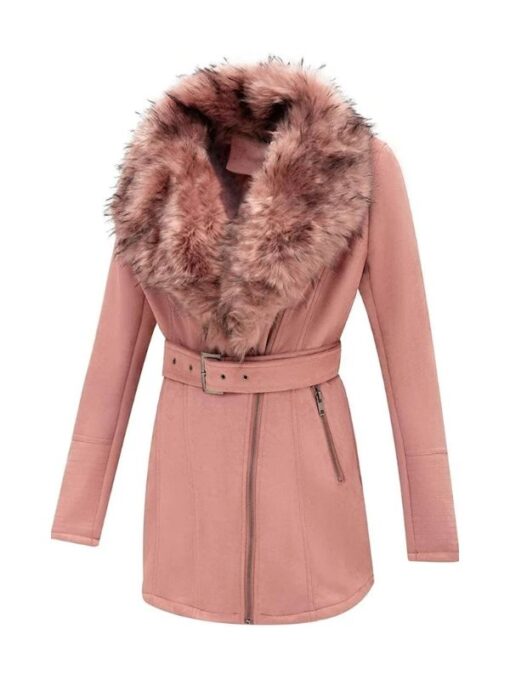 Bellivera Women's Pink Leather Long Pea Coat