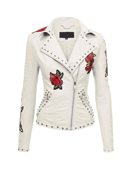 Women's Motorcycle Floral Embroidered White Leather Jacket