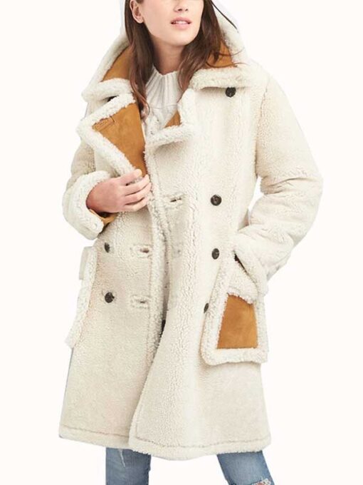 White And Brown Double Breasted Shearling Leather Coat