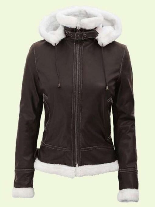 Women's Dark Brown Shearling Leather Hooded Jacket