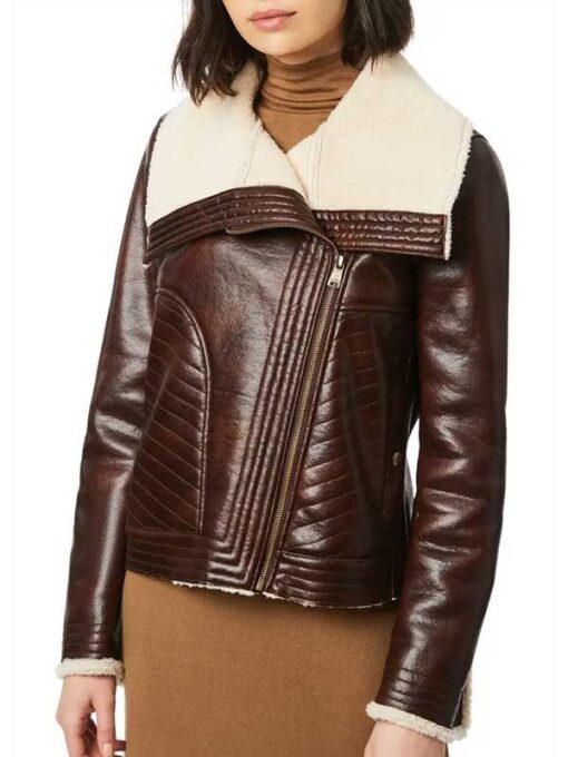 Emilia Brown Leather Shearling Collar Jacket